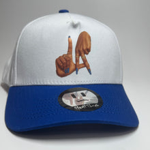 Load image into Gallery viewer, LA hand sign Snap Back White and Royal Blue
