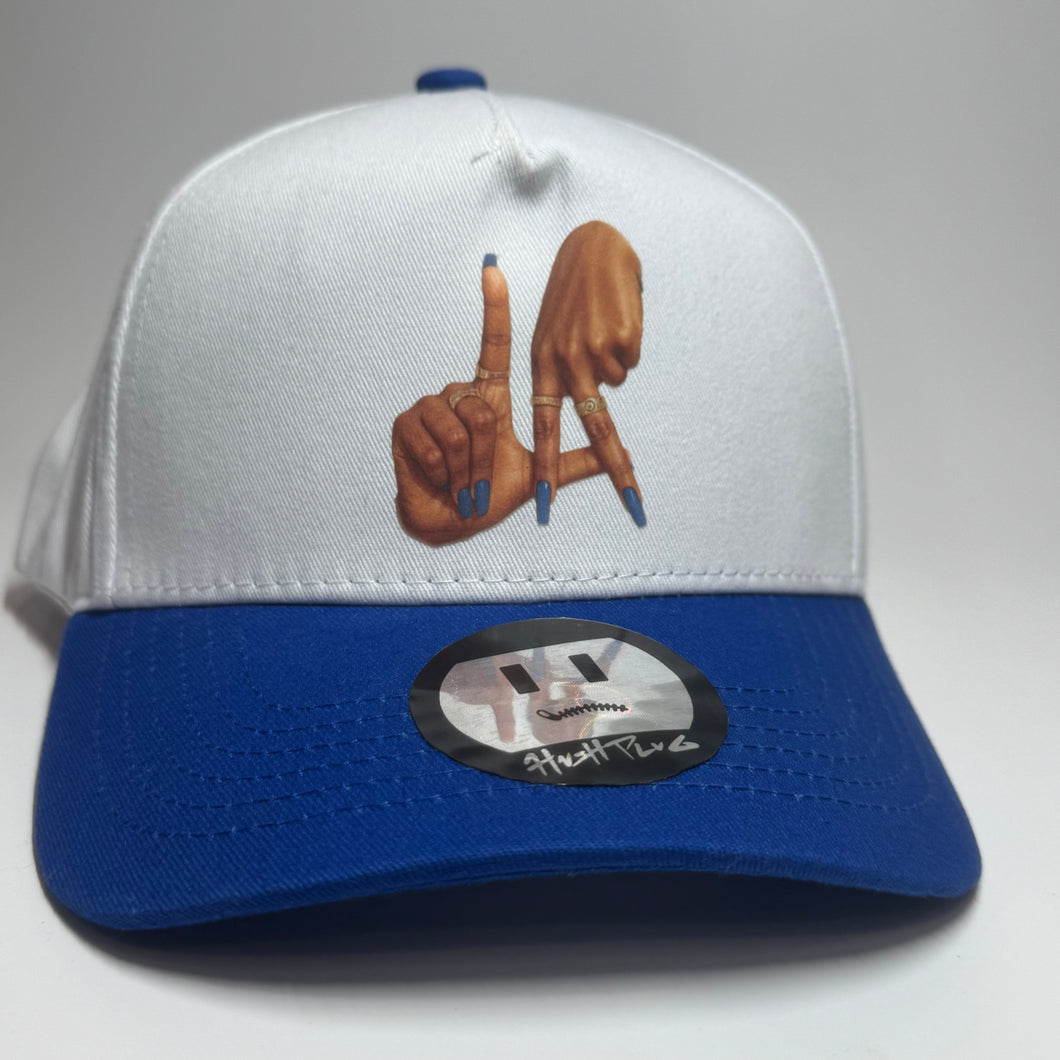 LA hand sign Snap Back White and Royal Blue